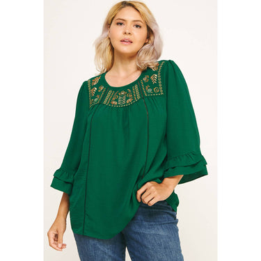 PLUS SIZE EMERALD RUFFLE BLOOM EMBROIDERED BLOUSE
